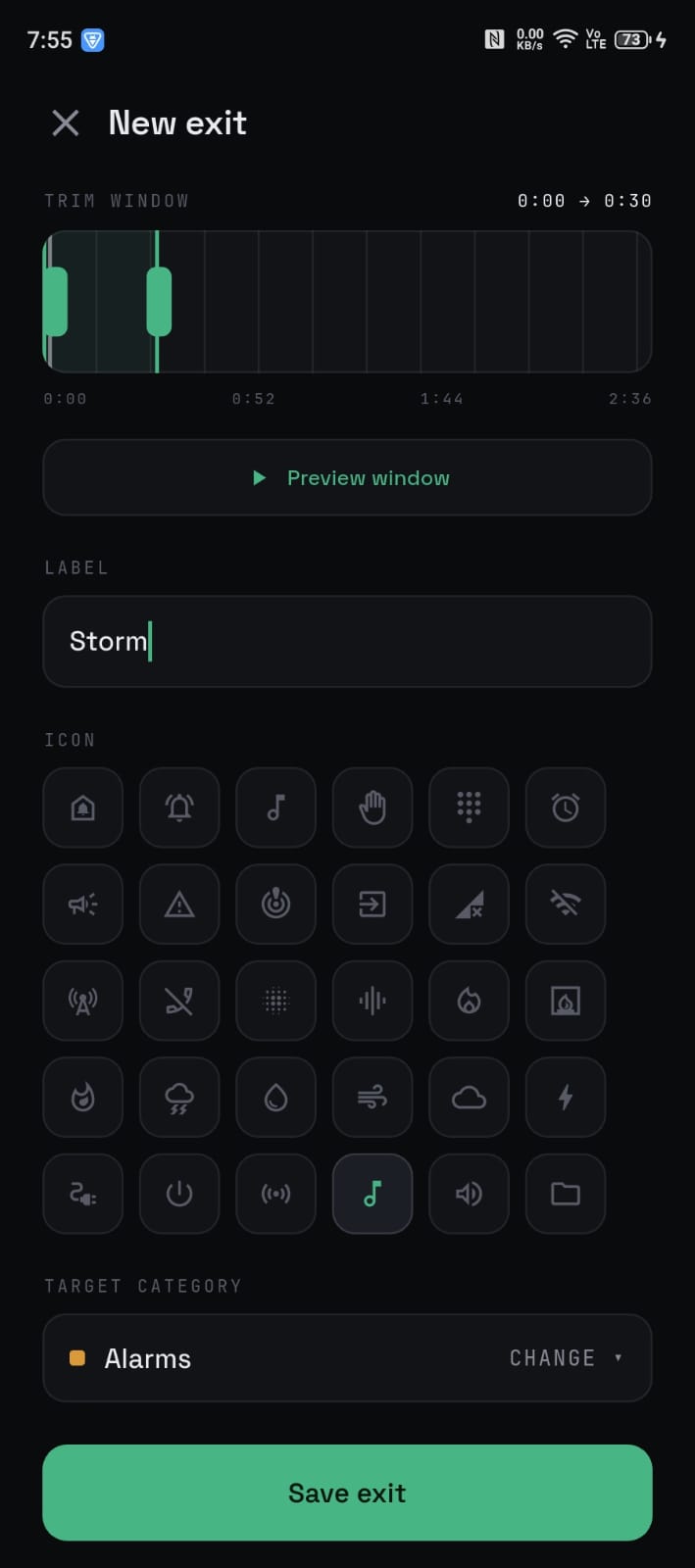 New exit editor with audio trim window, label and icon picker