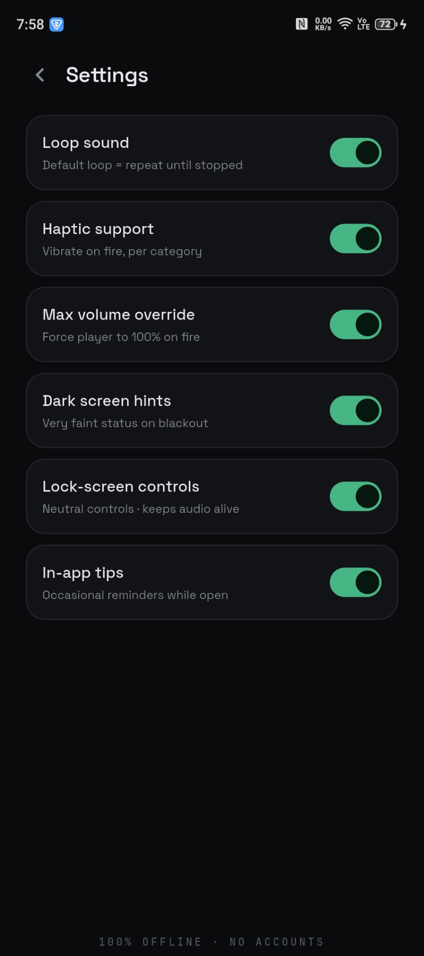Settings with loop, haptics and dark screen options