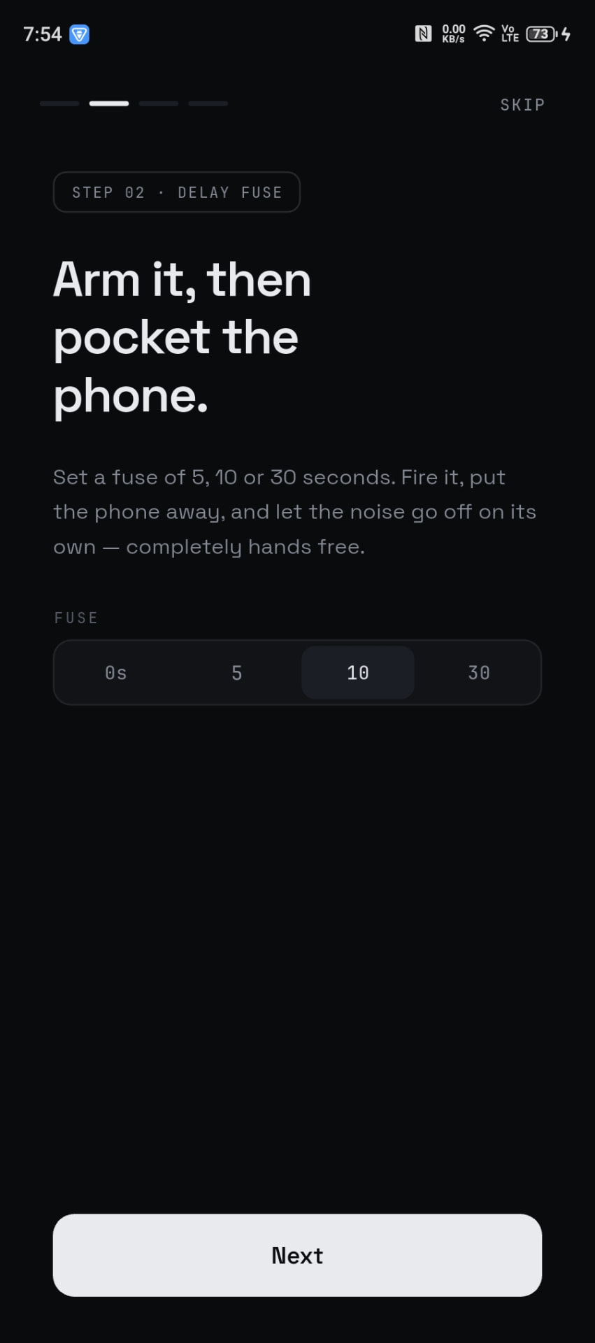Onboarding step explaining the delay fuse